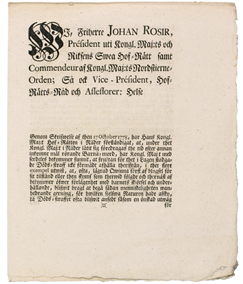 Barnamordsplakatet, utfärdat år 1778 av Gustav III,<br /> vilket tillät ogifta kvinnor att föda anonymt